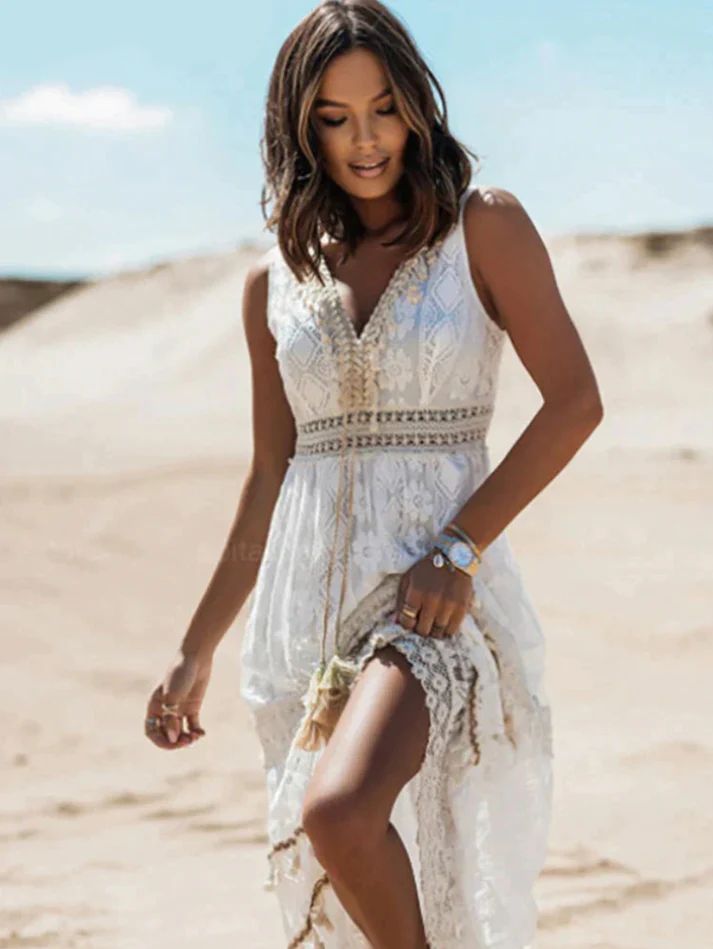 Women's V Neck Maxi Dress – White