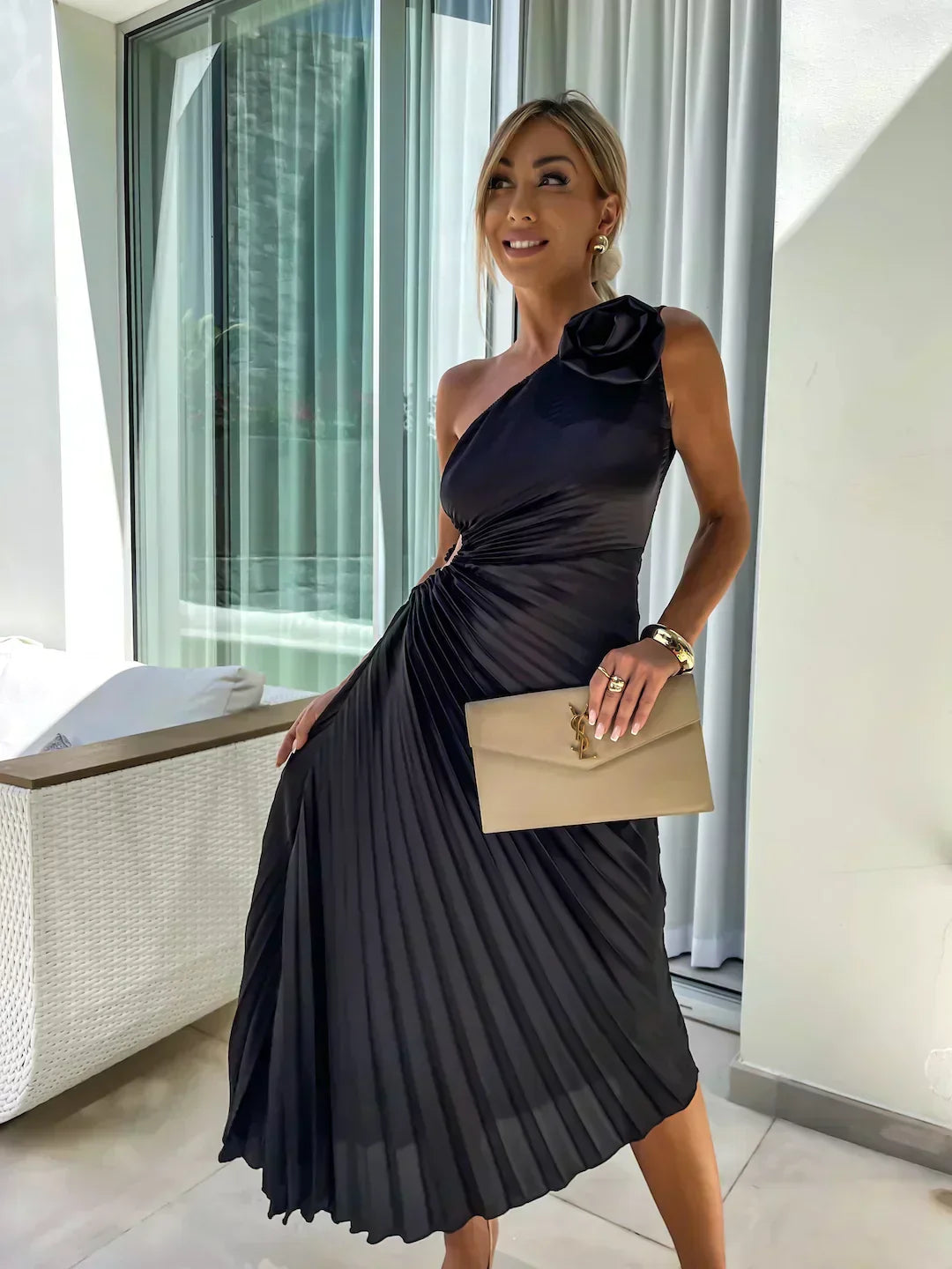 Women's One Shoulder Midi Dress – Black