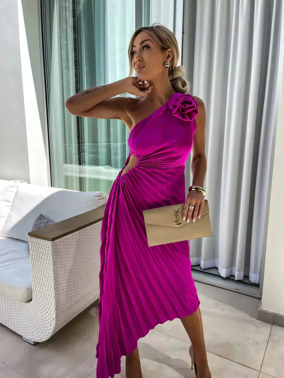Women's One Shoulder Midi Dress – Rose Red