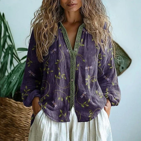 Women's V Neck Long Sleeve Blouse – Purple