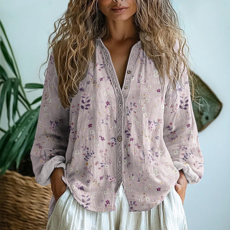 Women's V Neck Long Sleeve Blouse – Pink