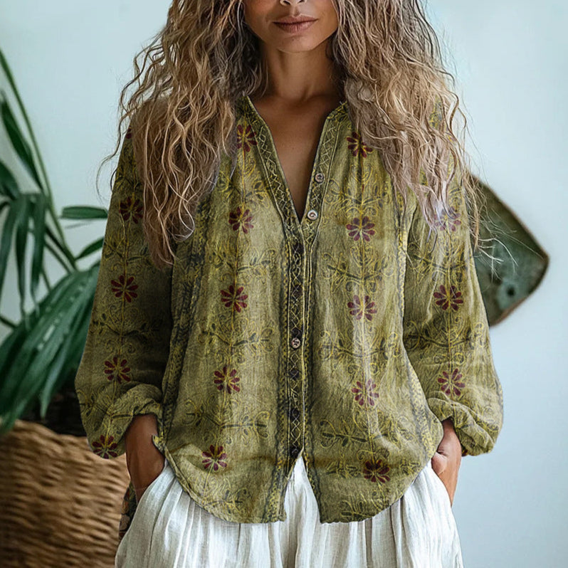 Women's V Neck Long Sleeve Blouse – Green