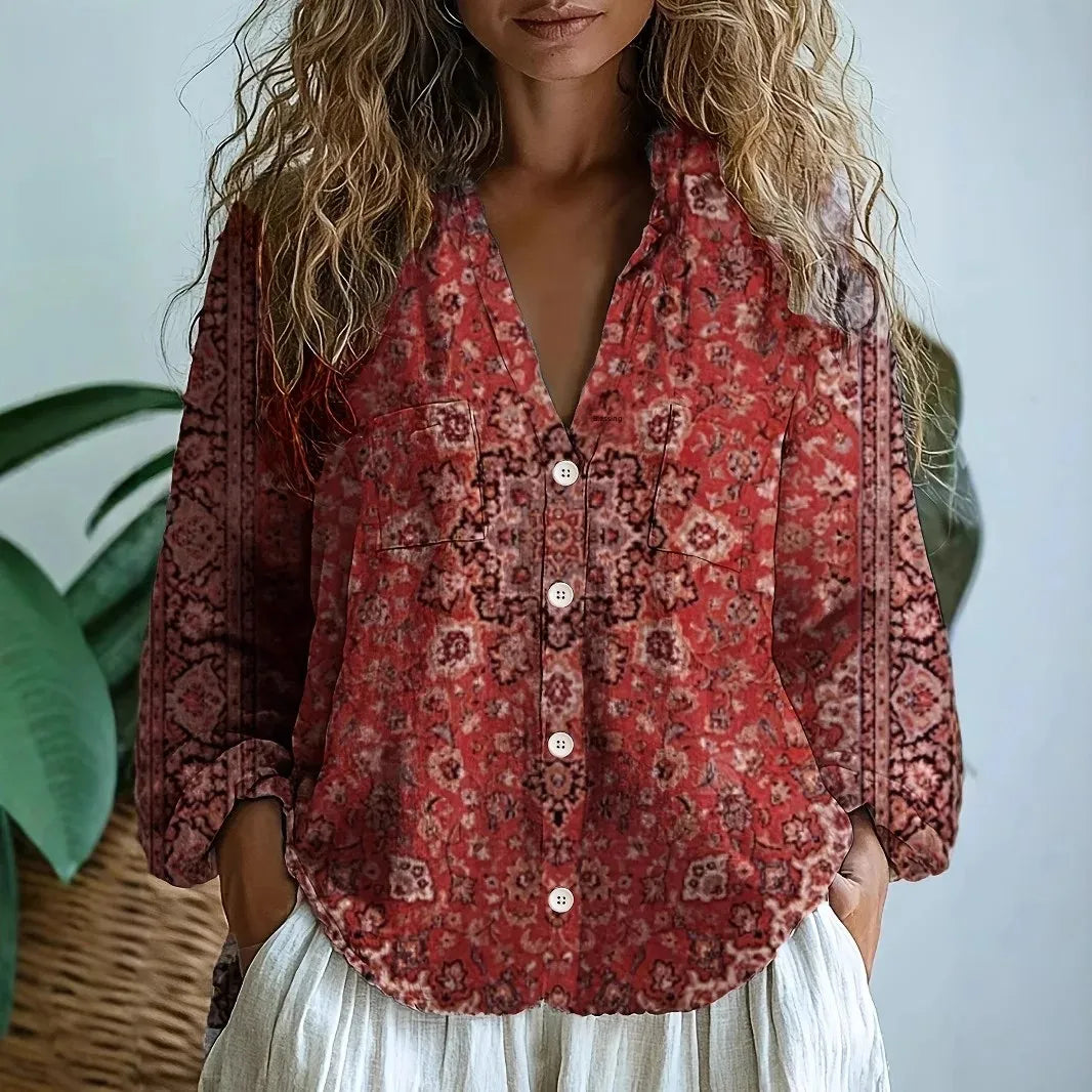 Women's V Neck Long Sleeve Blouse – Red