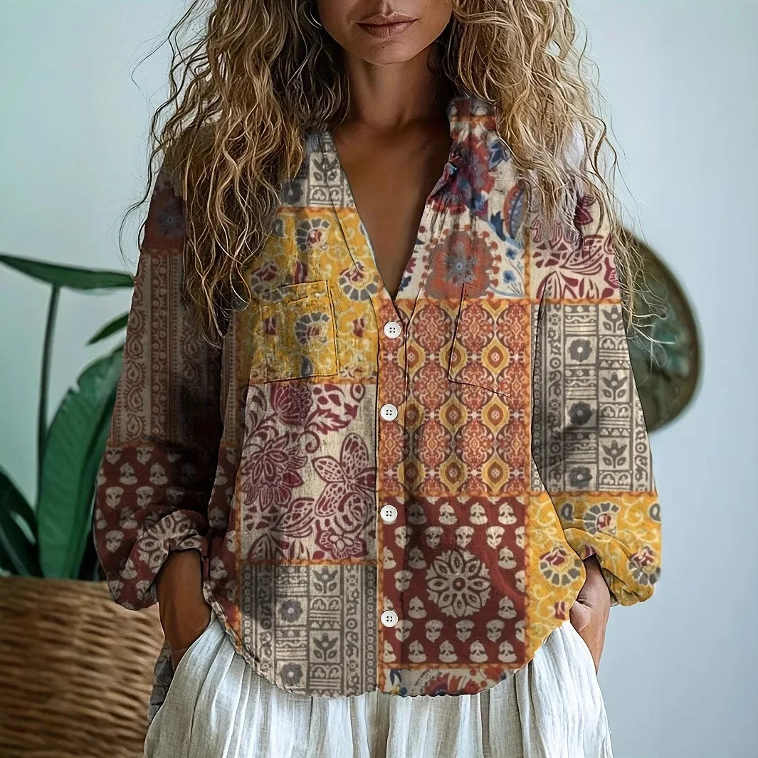 Women's V Neck Long Sleeve Blouse – Yellow