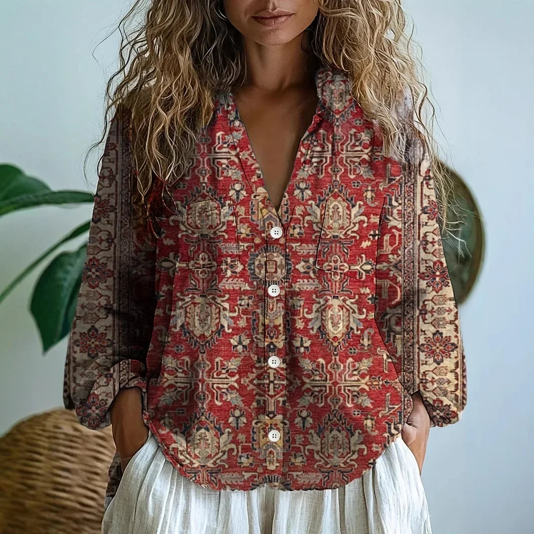 Women's V Neck Long Sleeve Blouse – Burgundy