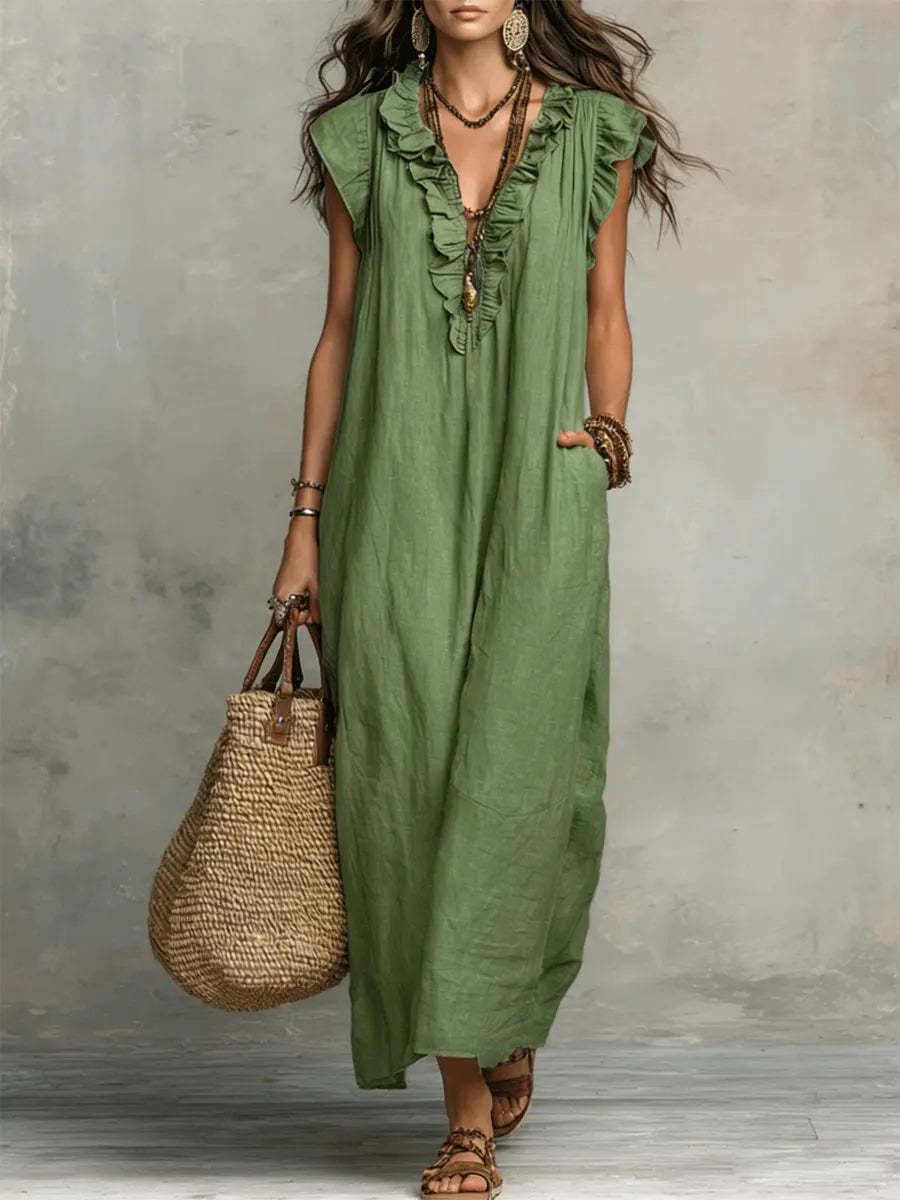 Women's V Neck Maxi Dress – Green