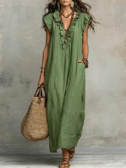 Women's V Neck Maxi Dress – Green