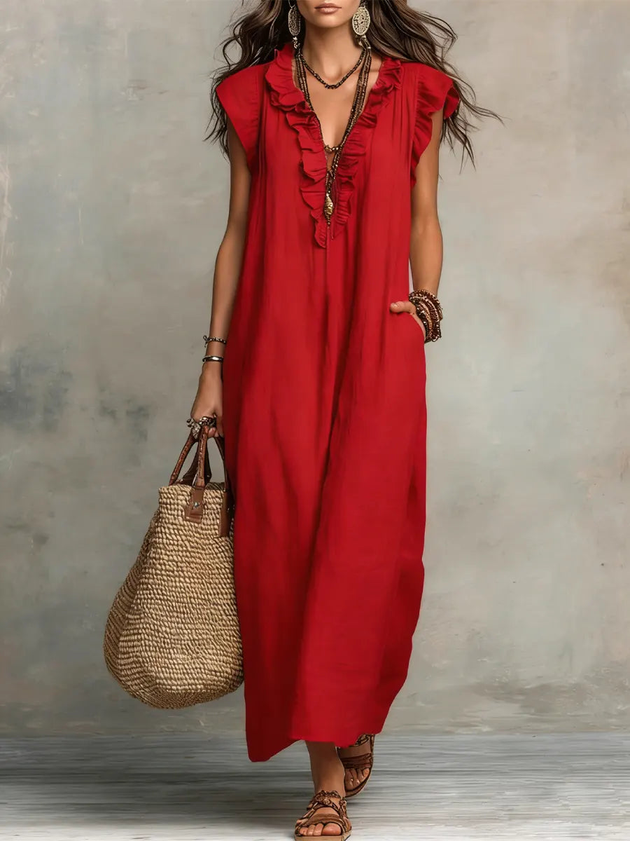 Women's V Neck Maxi Dress – Red