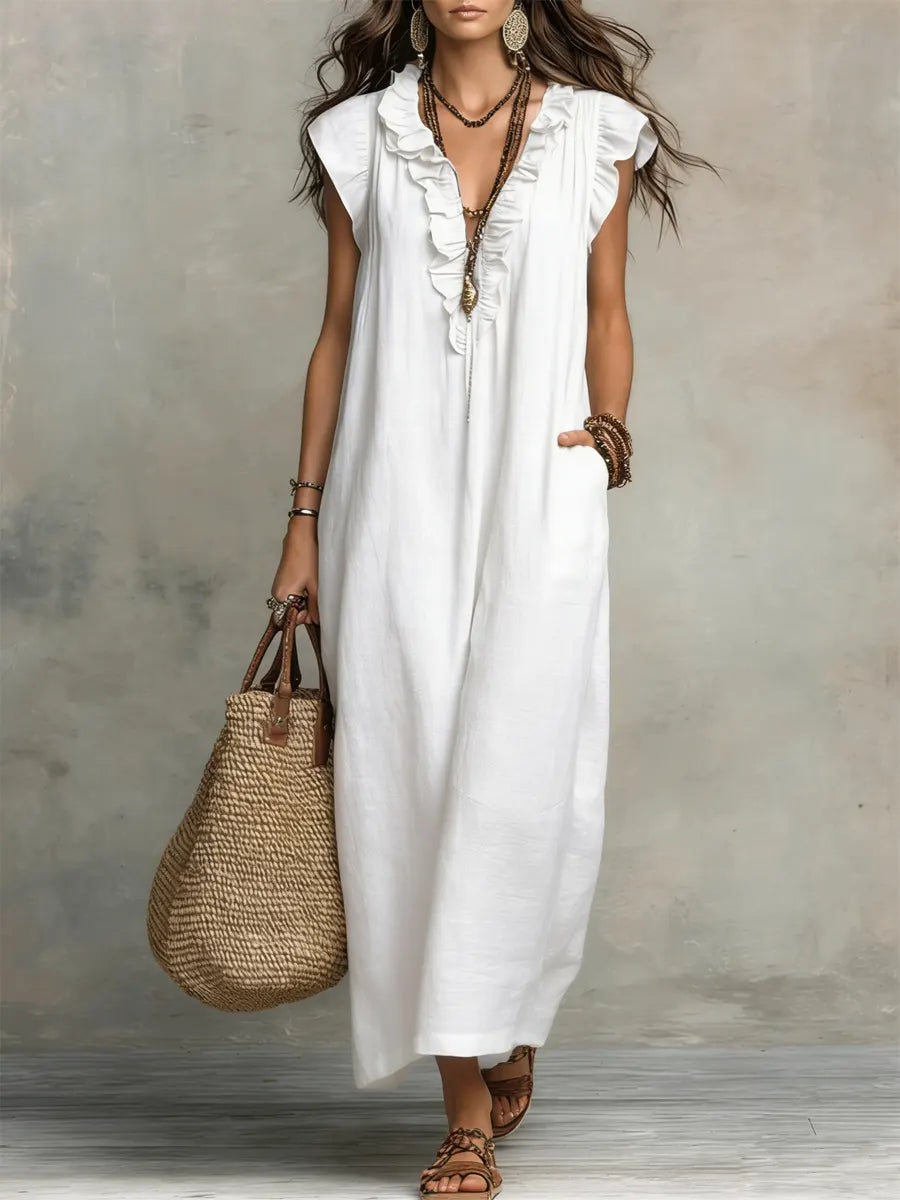 Women's V Neck Maxi Dress – White