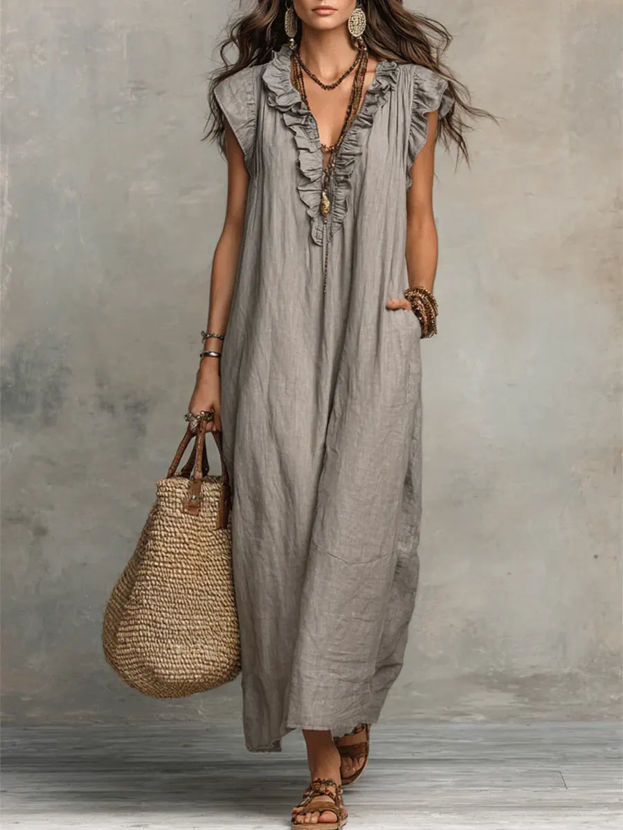 Women's V Neck Maxi Dress – Grey