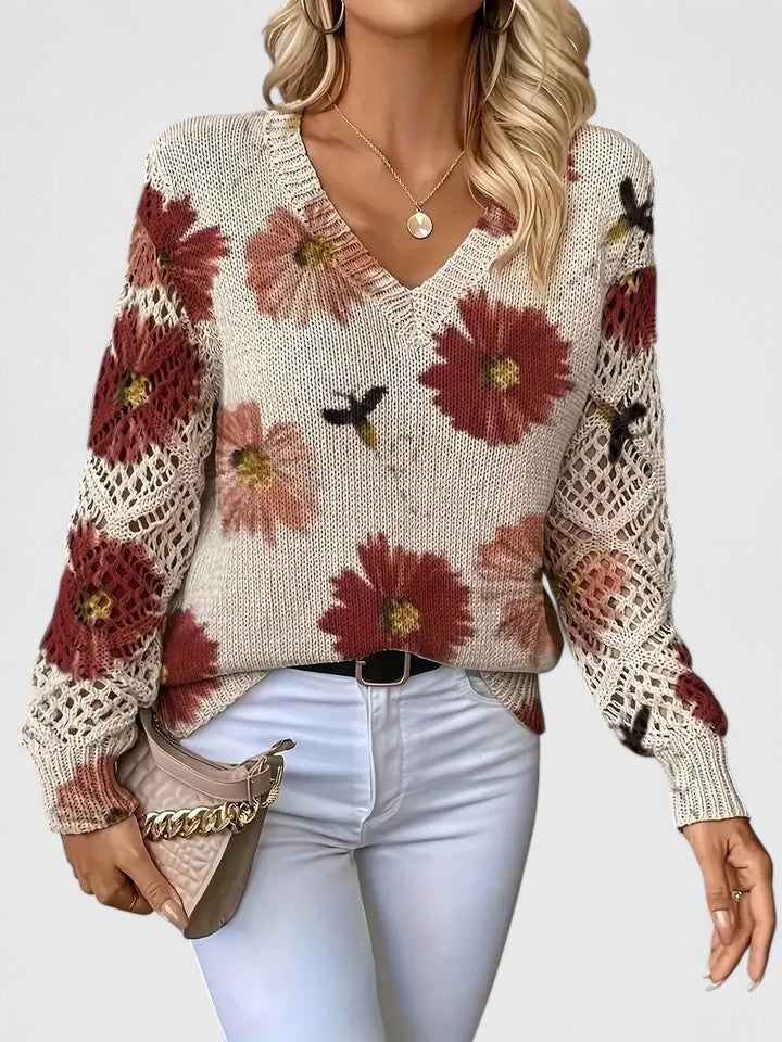Women's V Neck Long Sleeve Sweater – Red