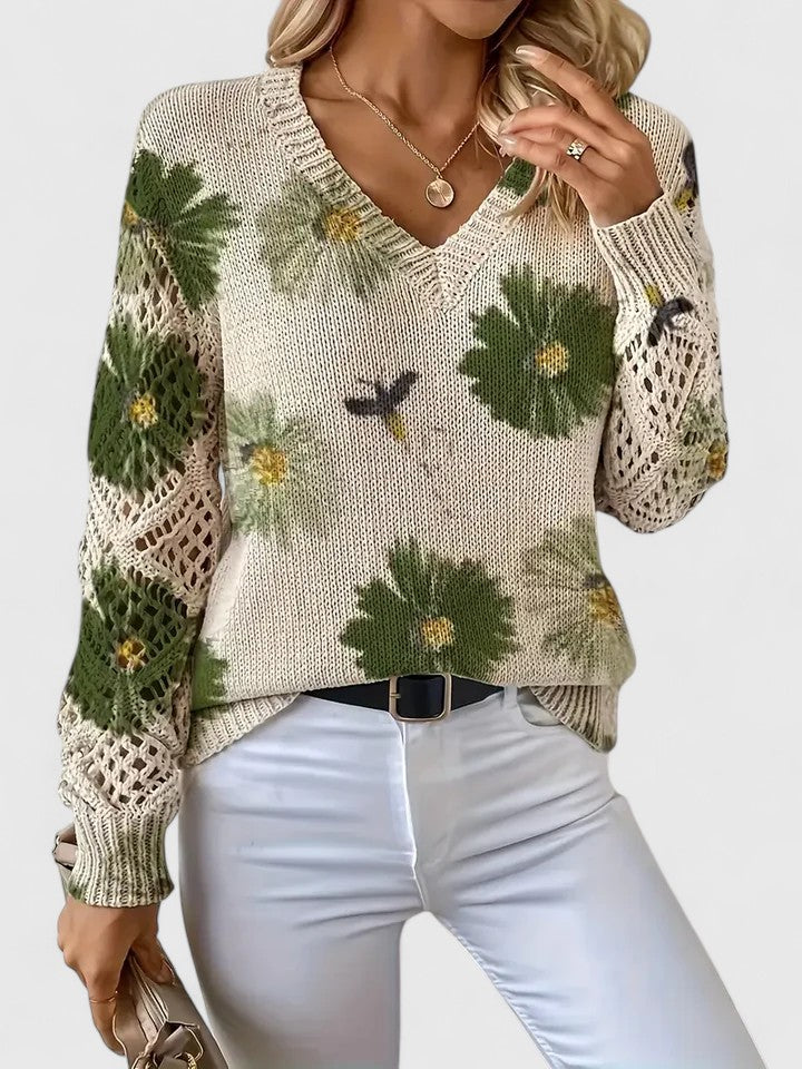 Women's V Neck Long Sleeve Sweater – Green