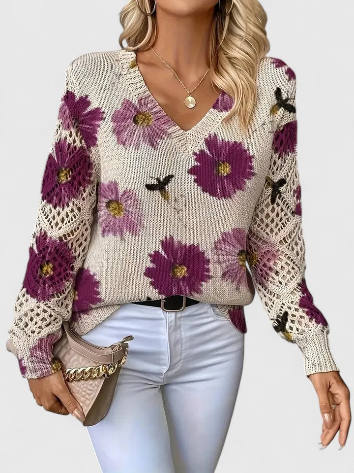 Women's V Neck Long Sleeve Sweater – Purple