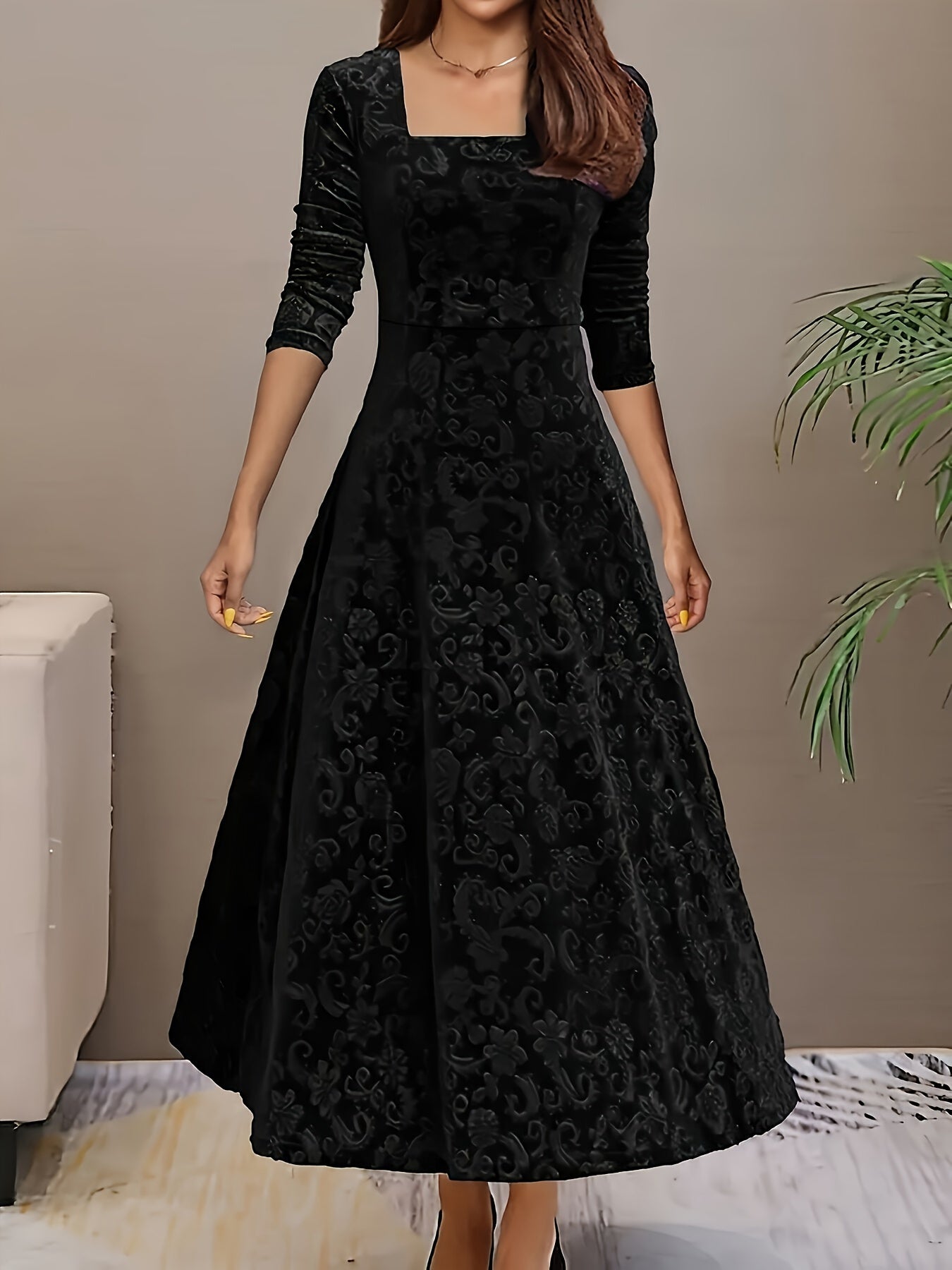 Women's Square Neck Midi Dress – Black