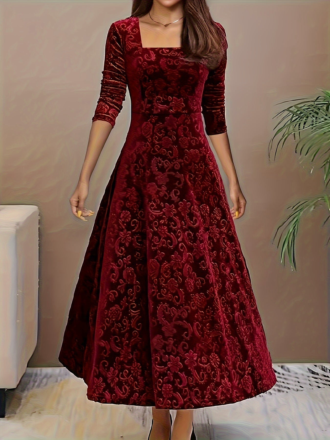 Women's Square Neck Midi Dress – Red
