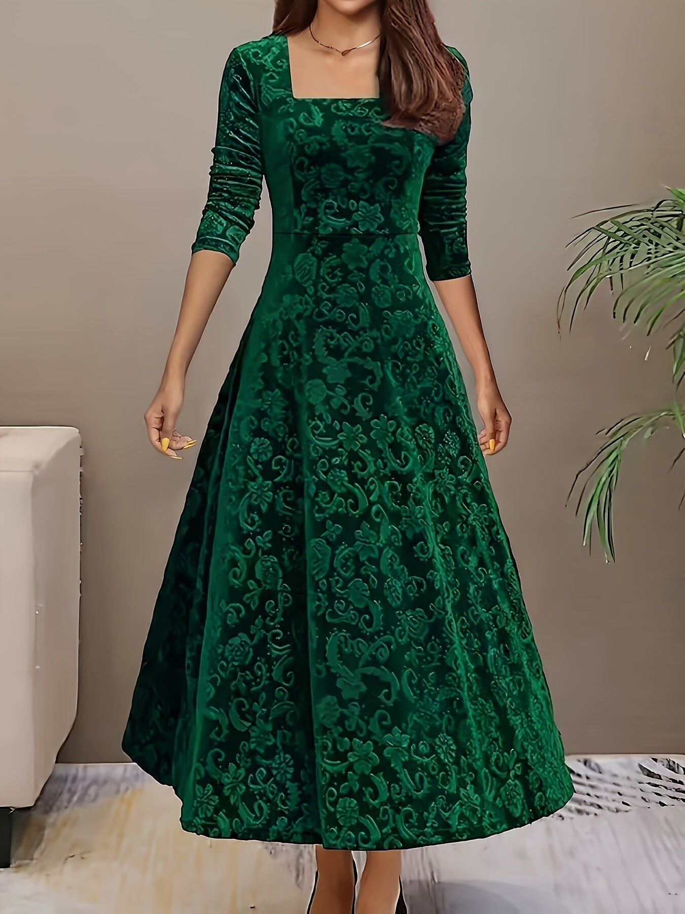 Women's Square Neck Midi Dress – Green