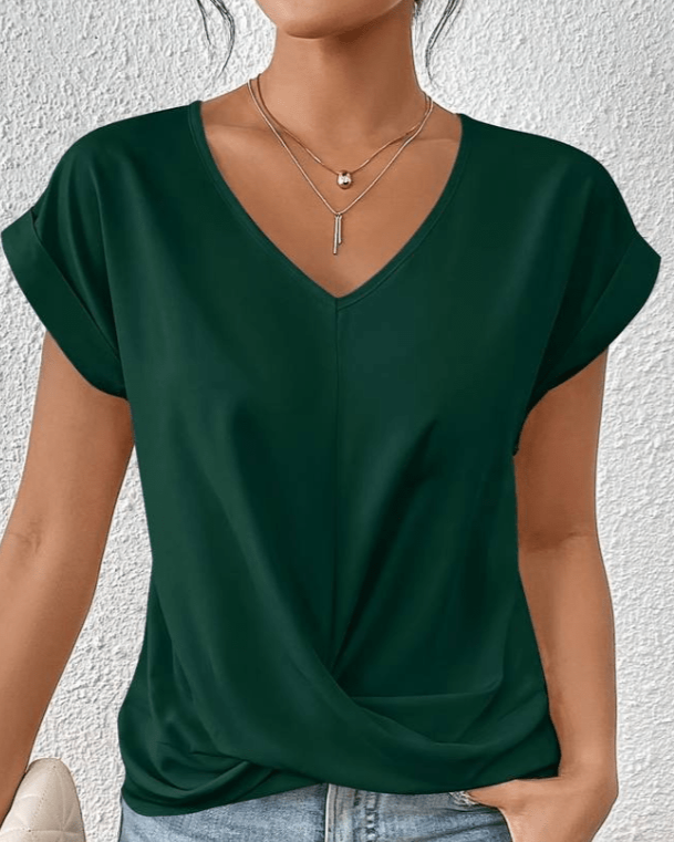 Women's V Neck Short Sleeve Blouse – Green