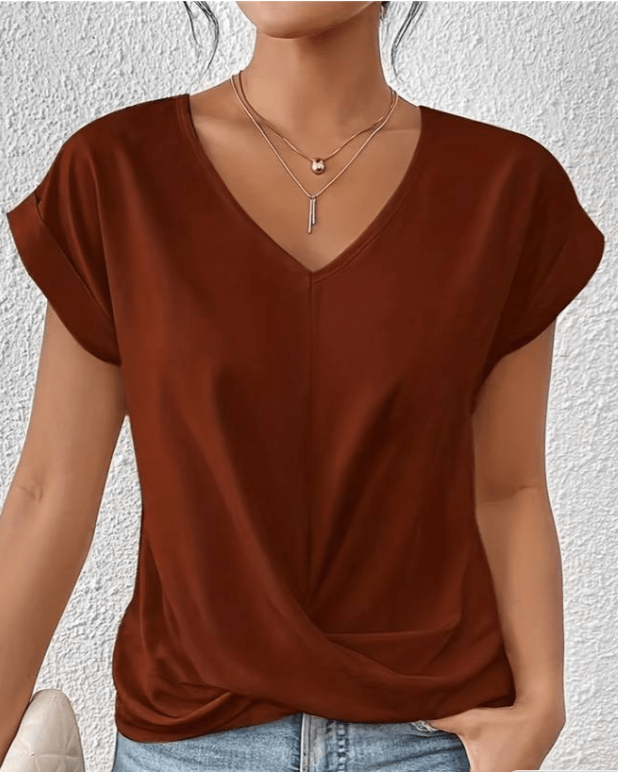 Women's V Neck Short Sleeve Blouse – Brown