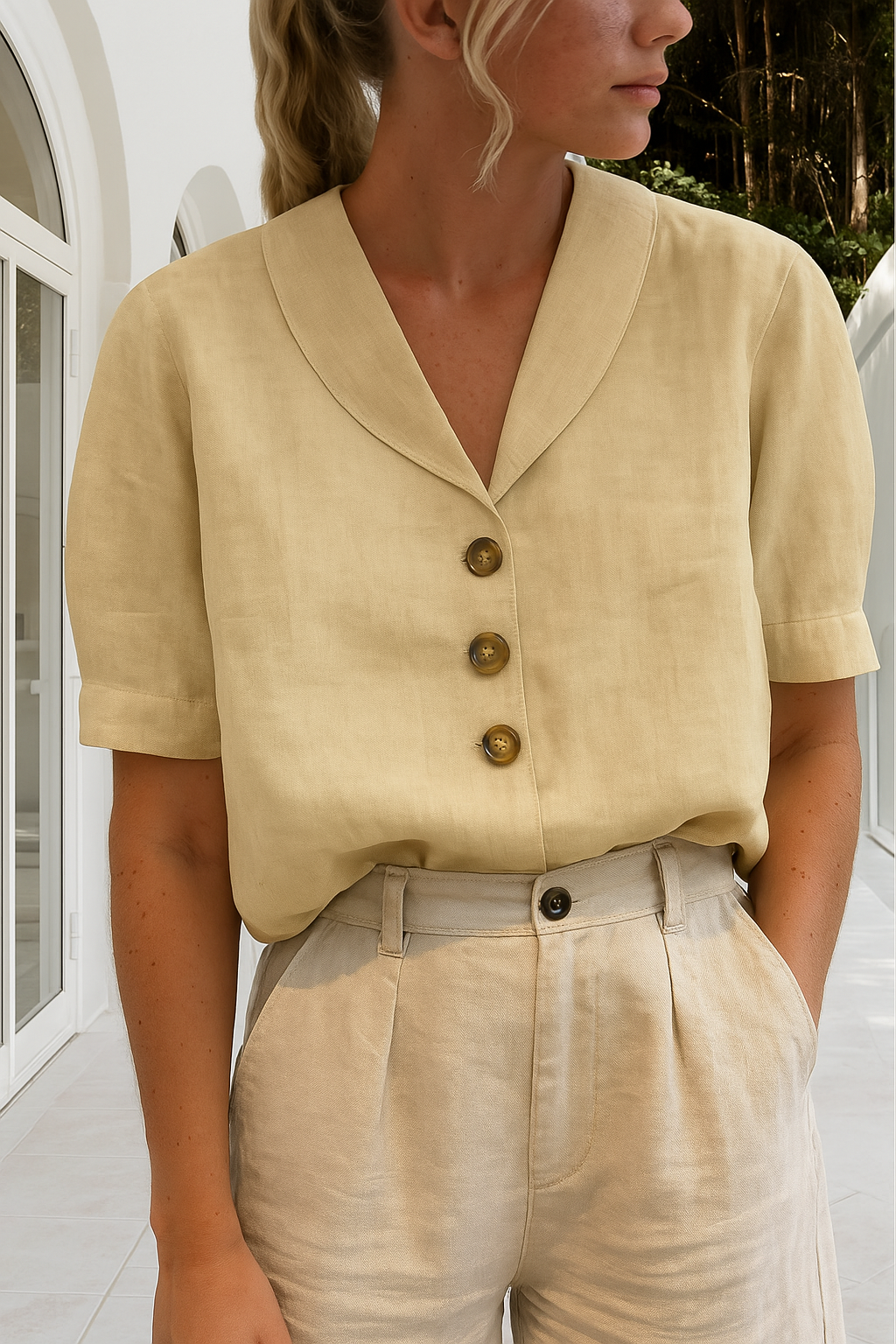 Women's Short Sleeve Blouse – Beige