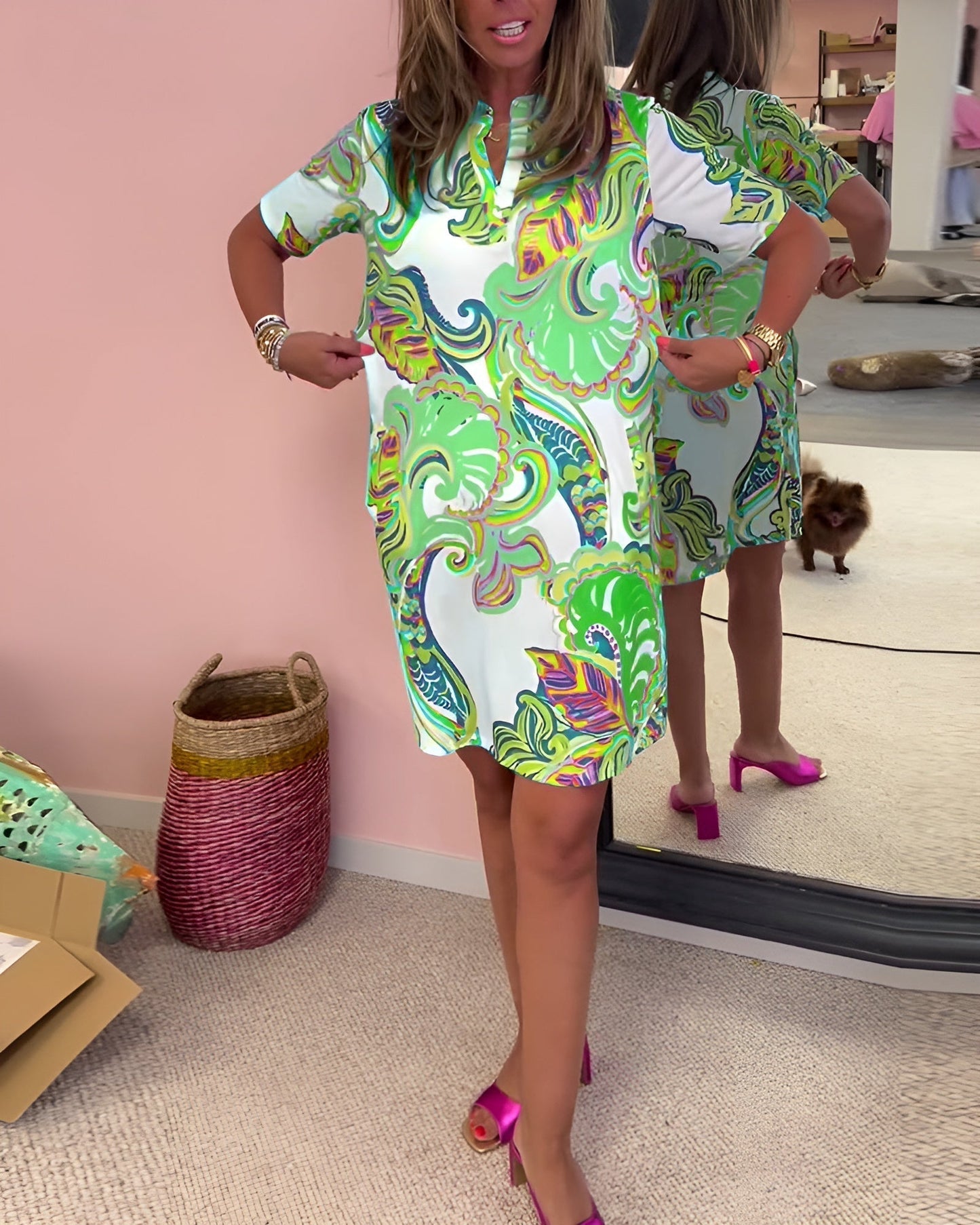 Women's V Neck Mini Dress – Green