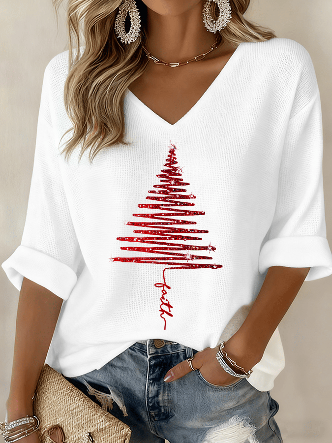 Women's V Neck Long Sleeve Blouse – White