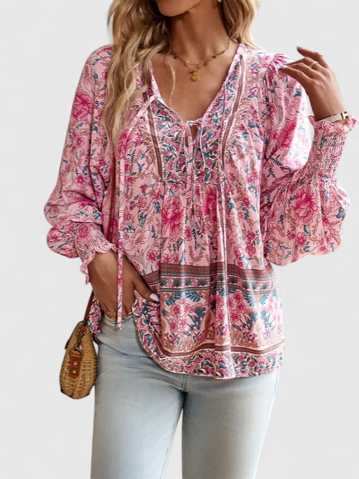 Women's V Neck Puff Sleeve Blouse – Pink