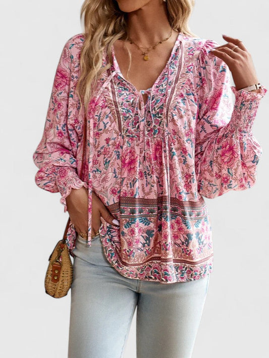 Women's V Neck Puff Sleeve Blouse – Pink