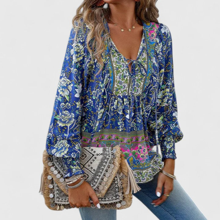 Women's V Neck Puff Sleeve Blouse – Navy