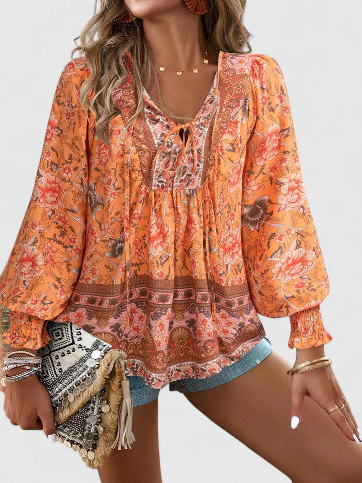 Women's V Neck Puff Sleeve Blouse – Orange