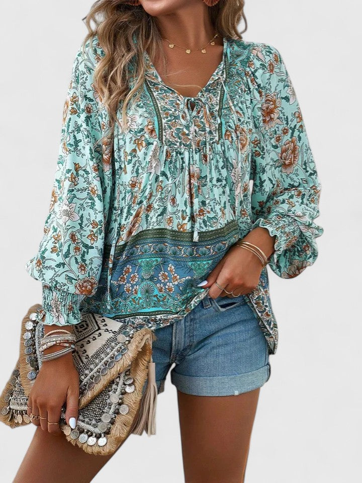 Women's V Neck Puff Sleeve Blouse – Blue