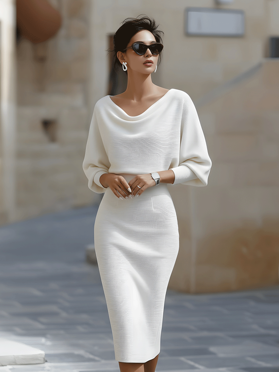 Women's Cowl Neck Midi Dress – White