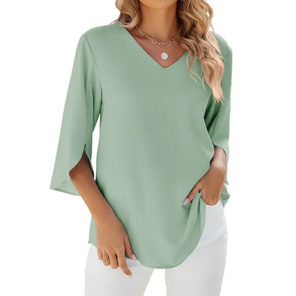 Women's V Neck Blouse – Green