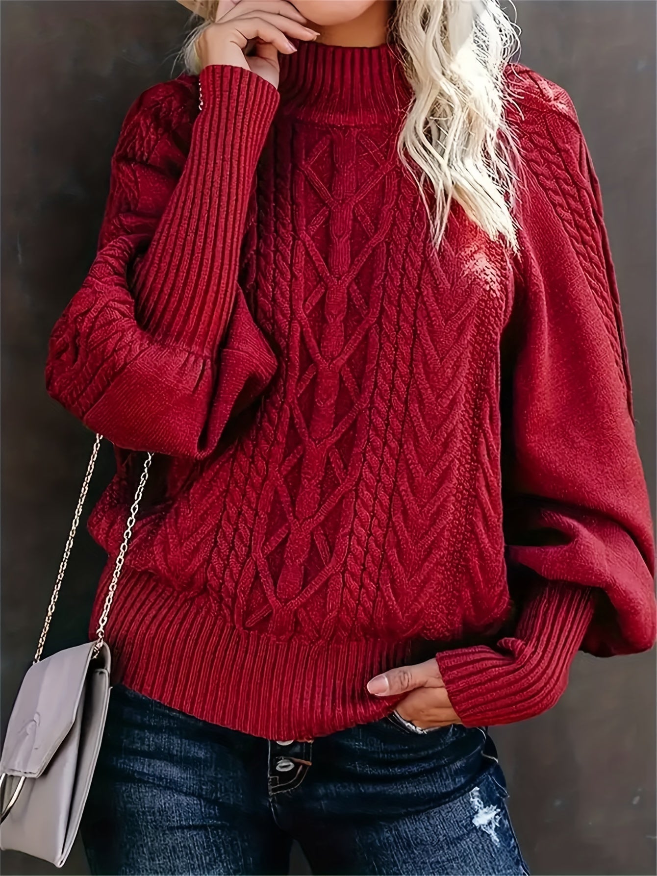 Women's Mock Neck Long Sleeve Sweater – Burgundy