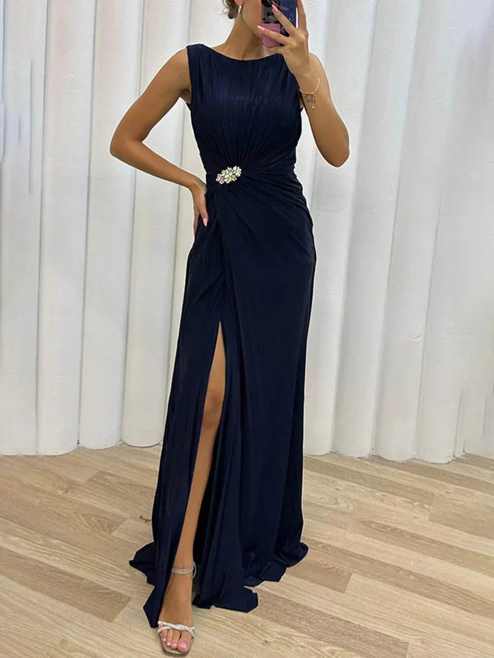 Women's Pleated Maxi Dress – Navy Blue
