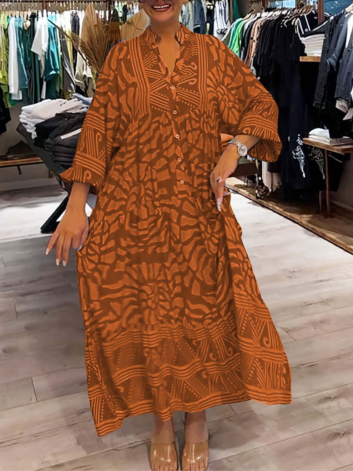 Women's V Neck Maxi Dress – Orange