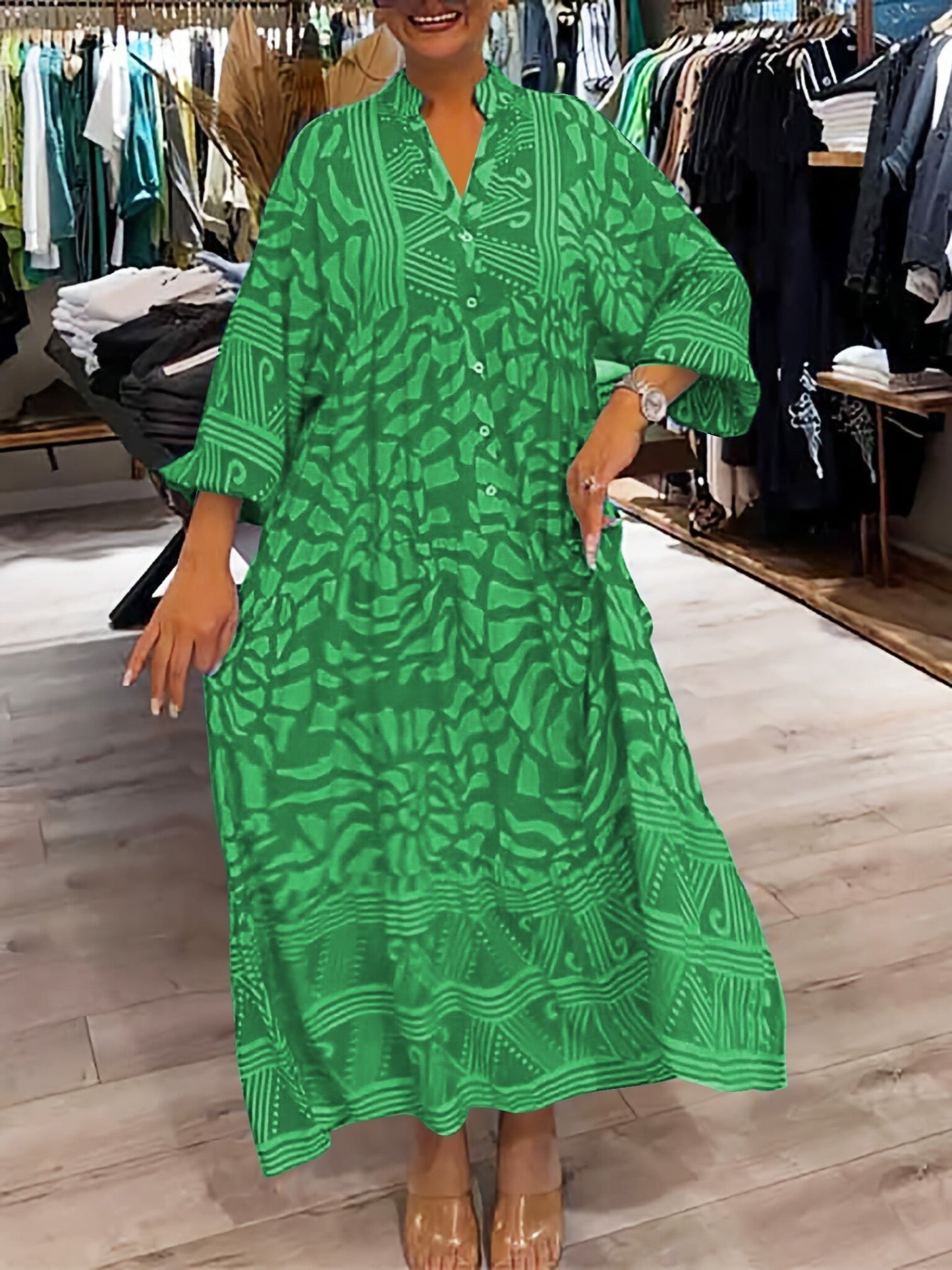 Women's V Neck Maxi Dress – Green