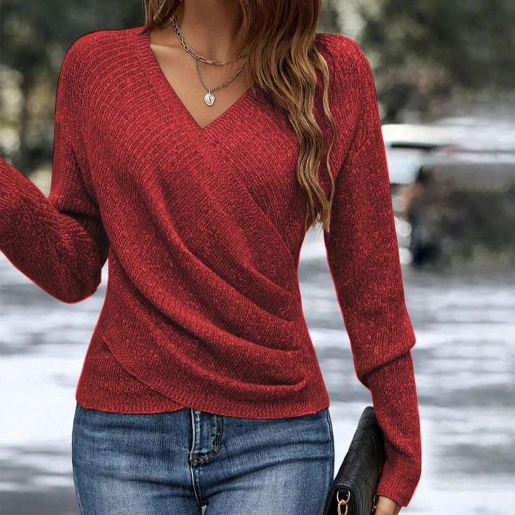 Women's Wrap V Neck Long Sleeve Sweater – Red
