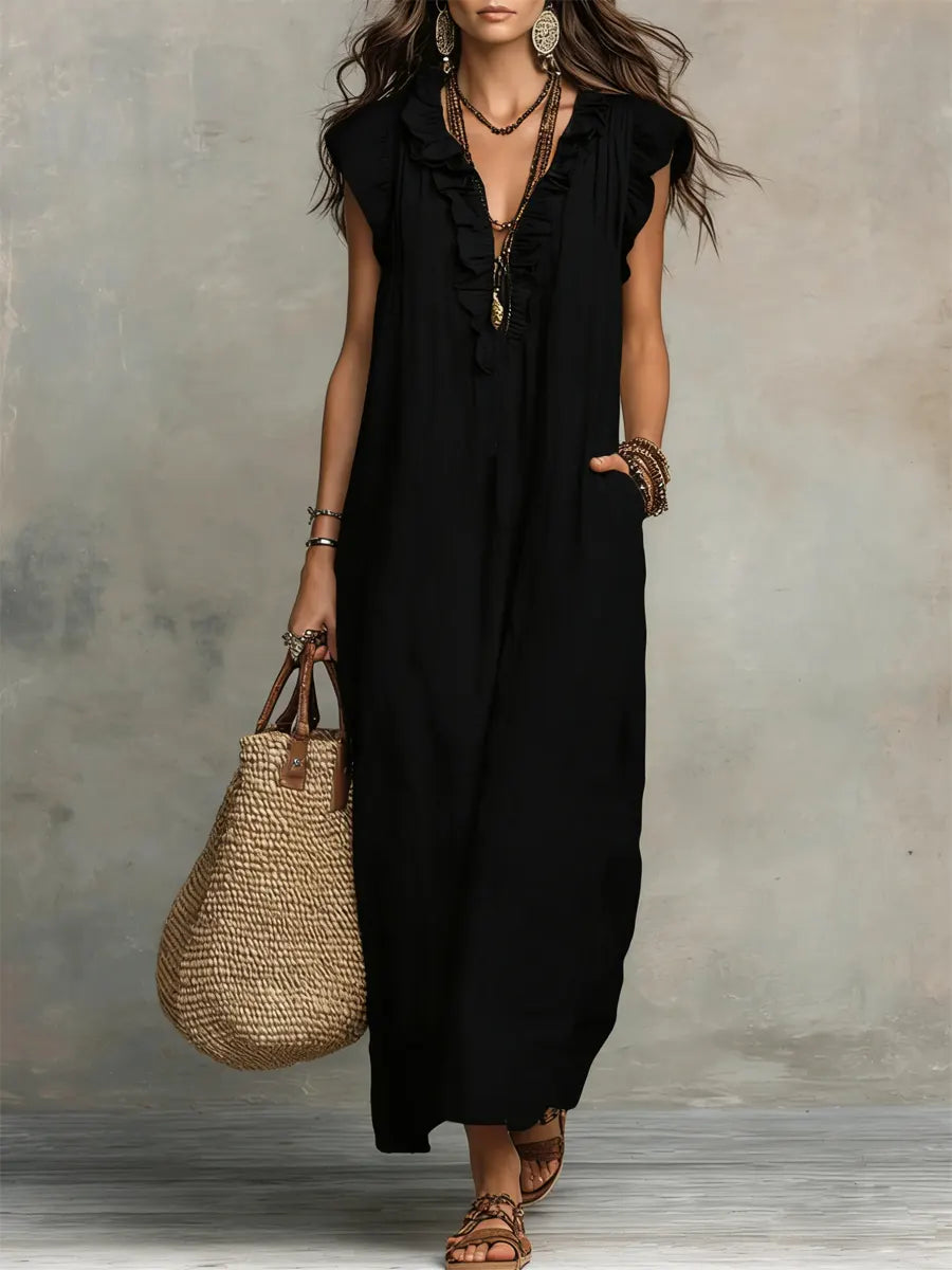 Women's V Neck Maxi Dress – Black