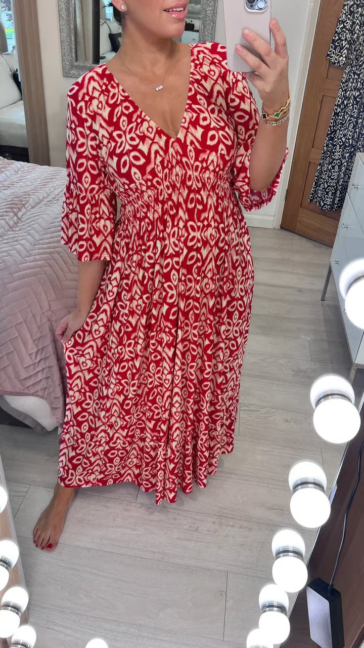 Women's V Neck Midi Dress – Red