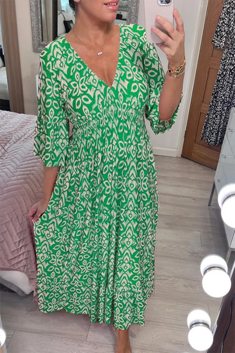 Women's V Neck Midi Dress – Green