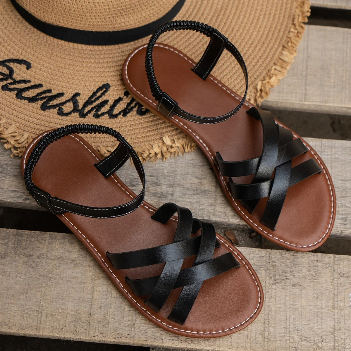 Women's Strappy Flat Sandals – Black