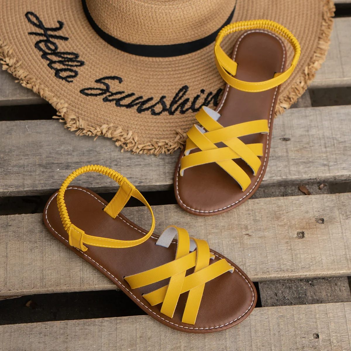 Women's Strappy Flat Sandals – Yellow