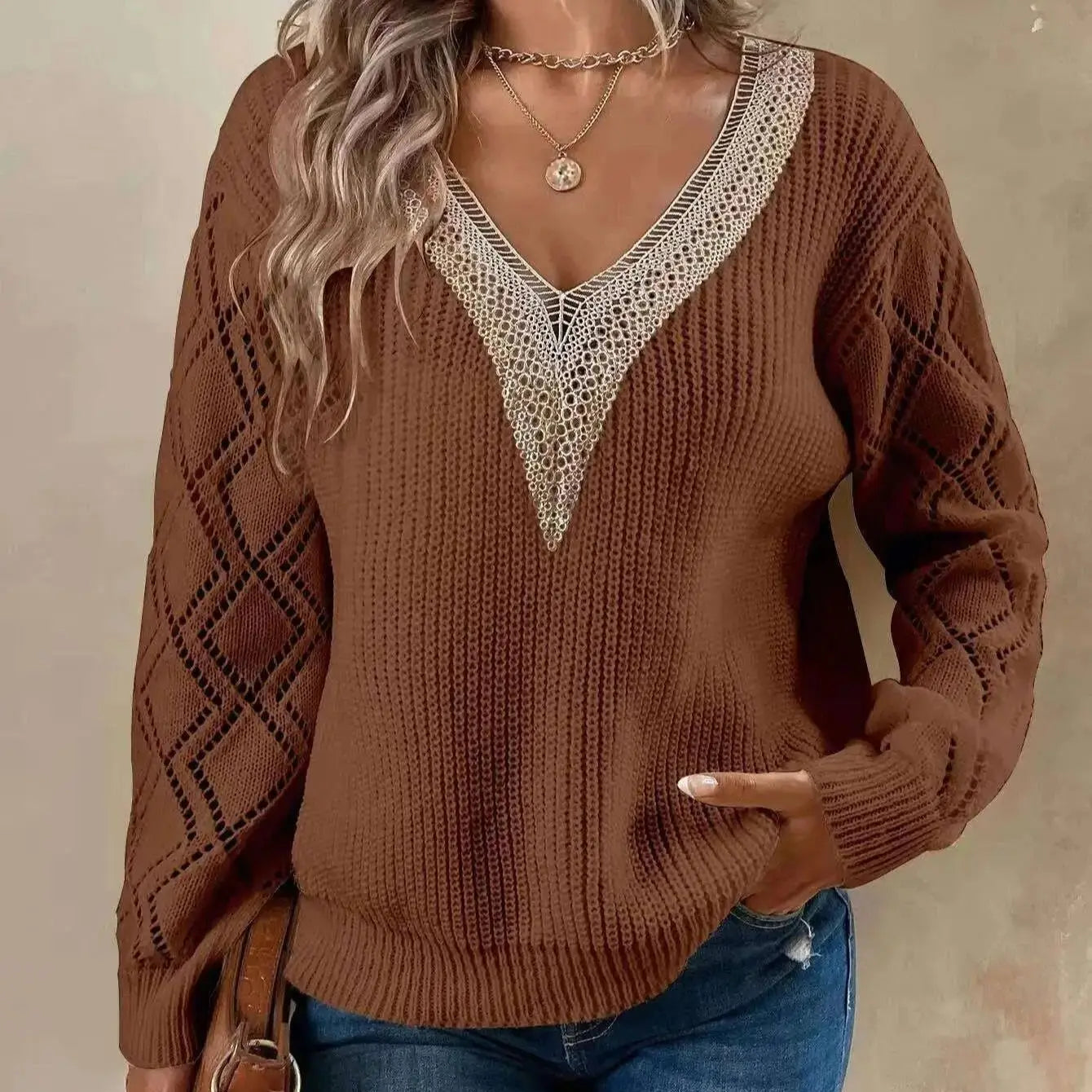 Women's V Neck Long Sleeve Sweater – Brown