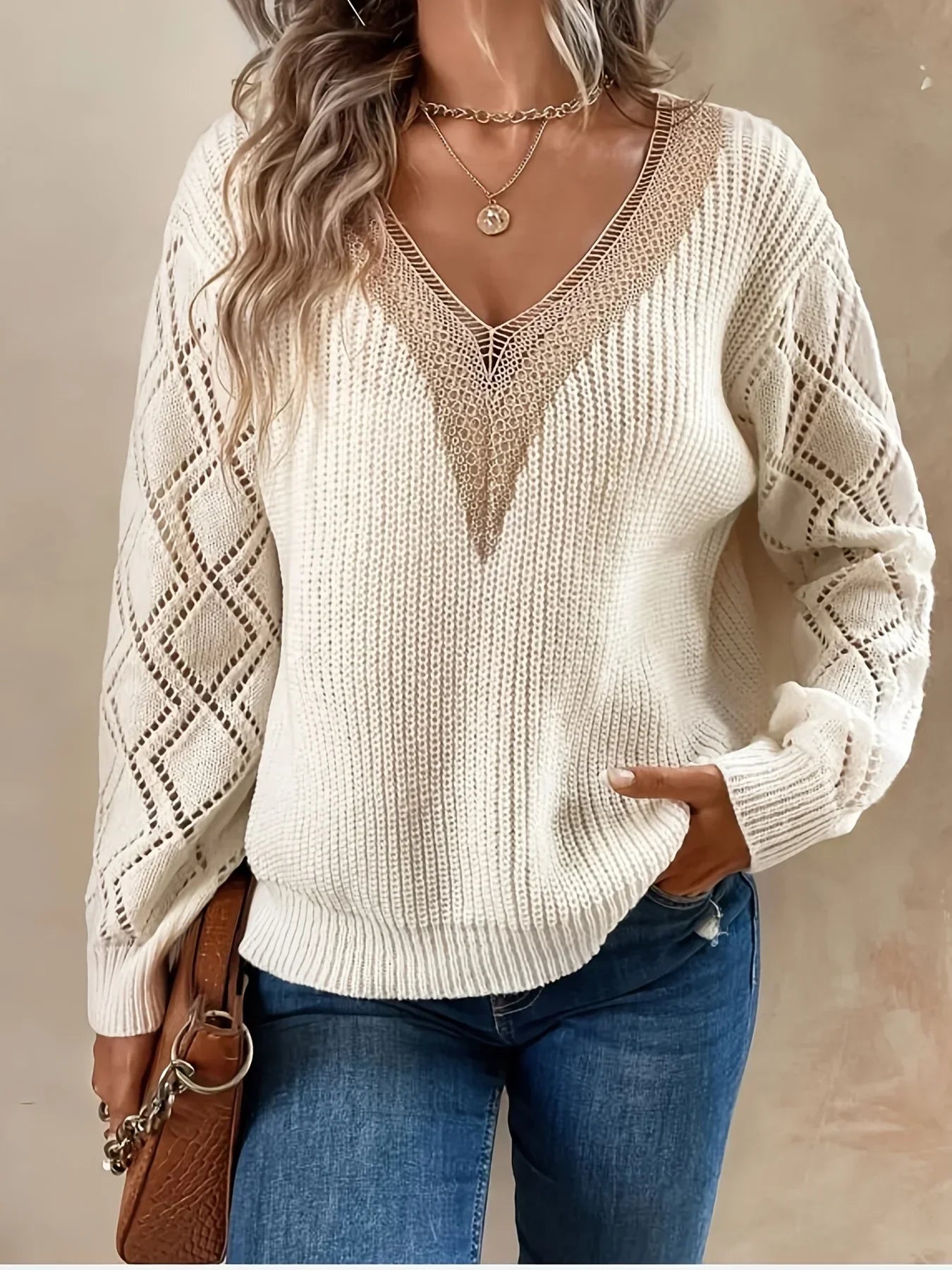 Women's V Neck Long Sleeve Sweater – White