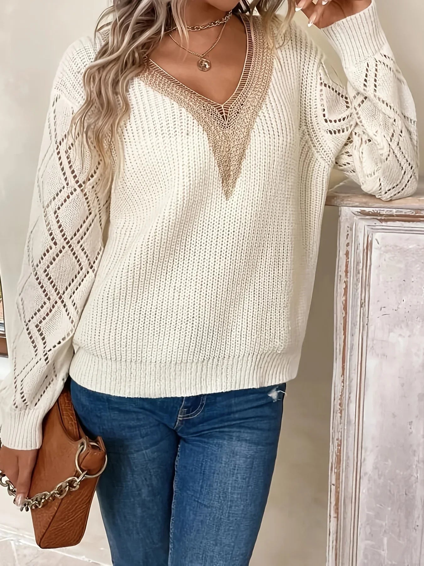 Women's V Neck Long Sleeve Sweater