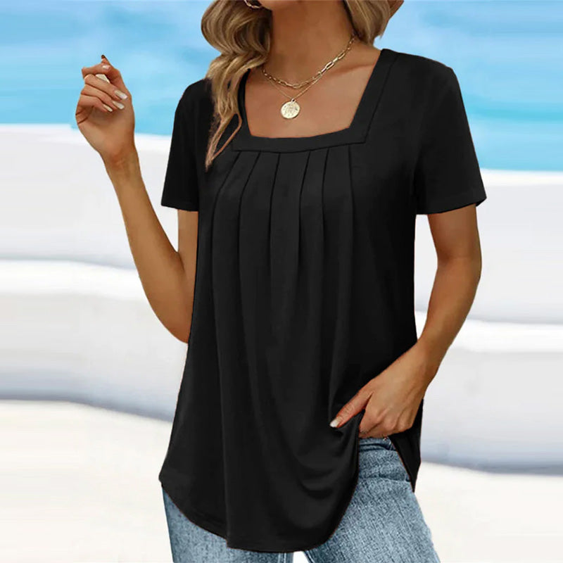 Women's Pleated Square Neck Blouse – Black