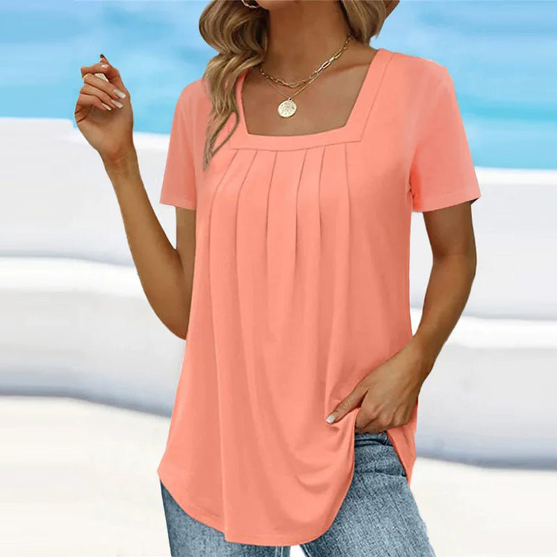 Women's Pleated Square Neck Blouse – Pink