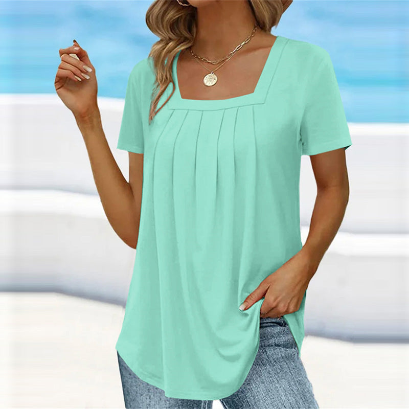 Women's Pleated Square Neck Blouse – Turquoise