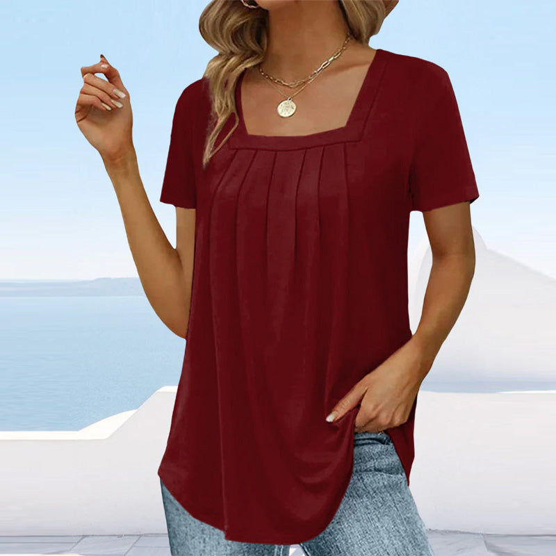 Women's Pleated Square Neck Blouse – Burgundy