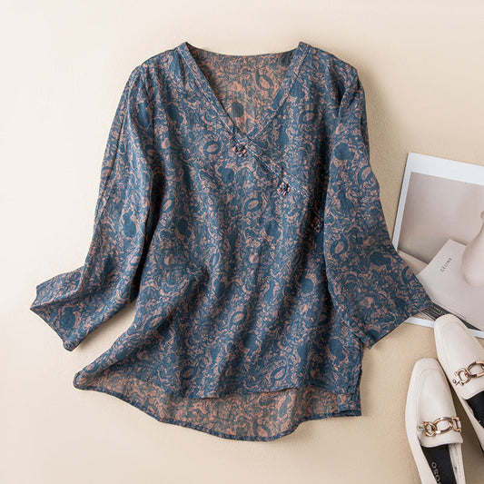 Women's V Neck Long Sleeve Blouse – Blue